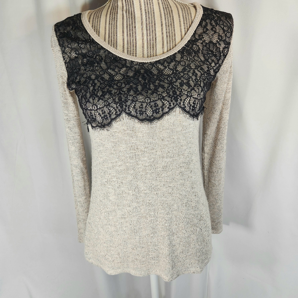 Moa Moa Heather Grey W/Black Lace Accent Bust Long Sleeve Back Tie Sweater Small